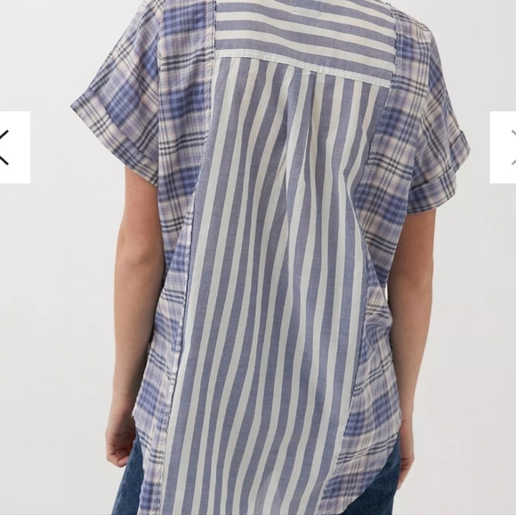 Urban Outfitters BDG Stevie Spliced Button Down Shirt Short Sleeve Relaxed Blue - Picture 5 of 14